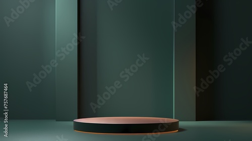 Blank Sleek metallic round brown podium , in dark green studio mockup, for product display, presentation and advertising