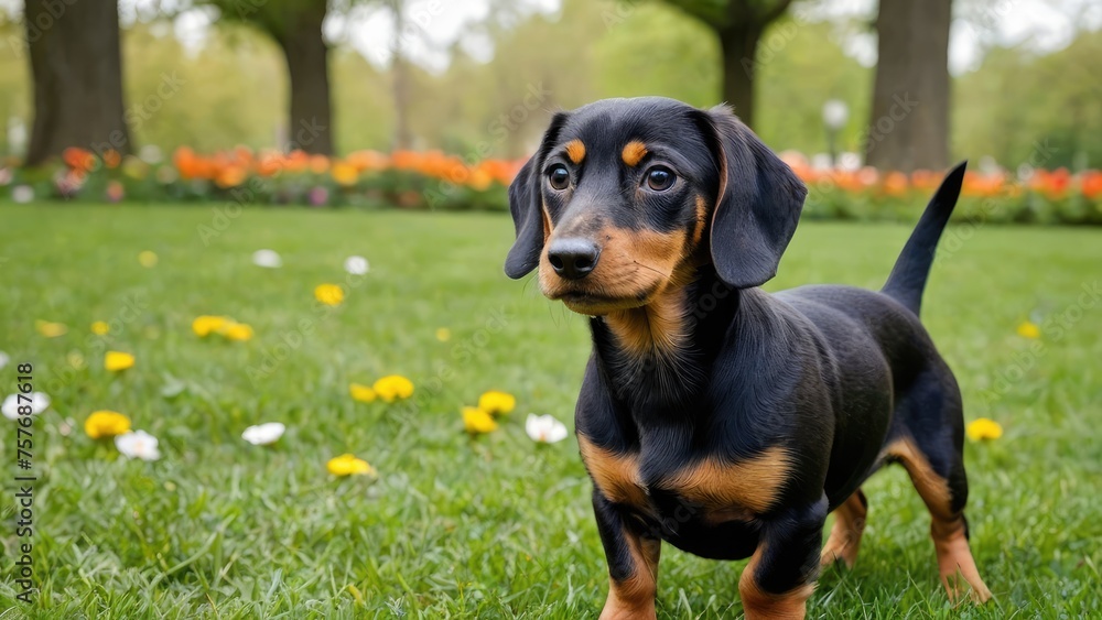Black and tan smooth haired dachshund dog in flower field Black and tan smooth haired dachshund dog in flower field