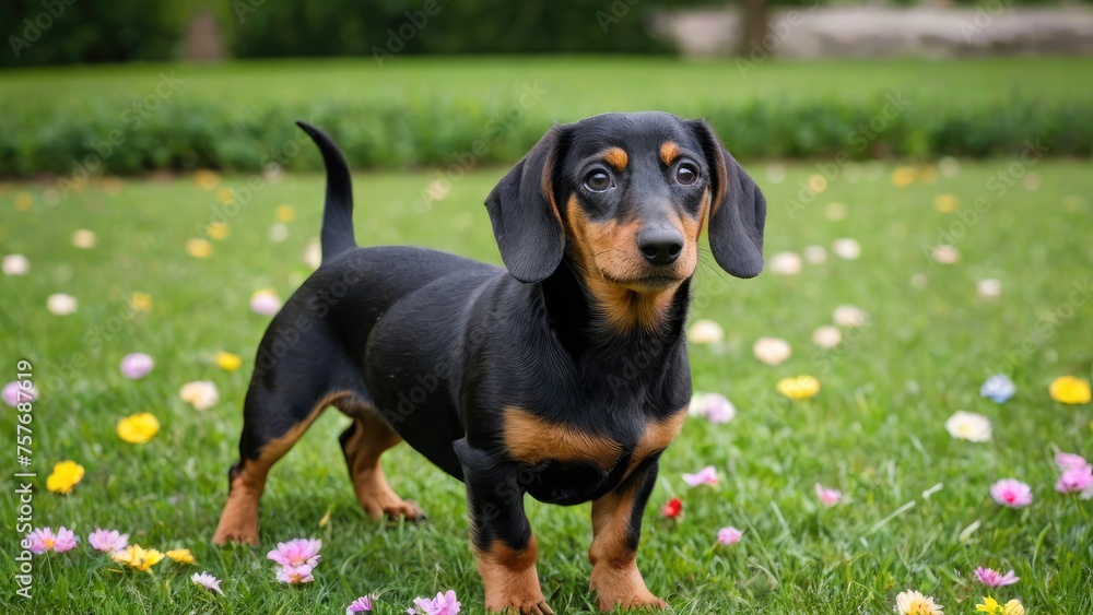 Black and tan smooth haired dachshund dog in flower field