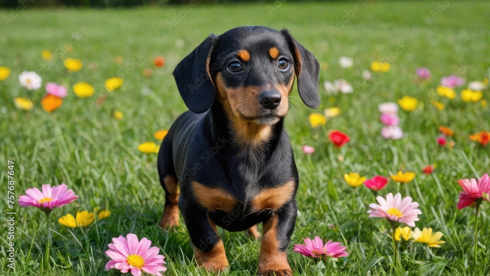Black and tan smooth haired dachshund dog in flower field Black and tan smooth haired dachshund dog in flower field
