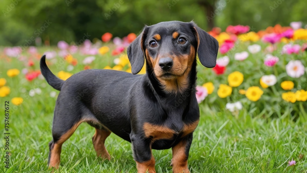 Black and tan smooth haired dachshund dog in flower field Black and tan smooth haired dachshund dog in flower field