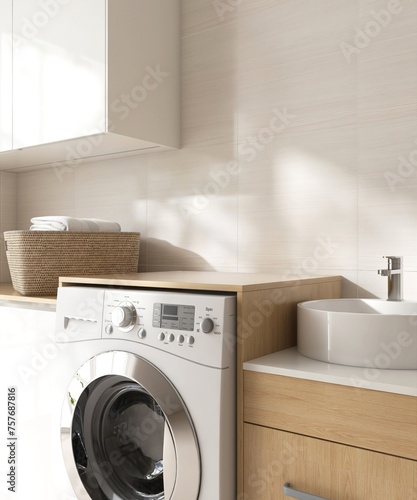 Blank space on brown wooden countertop counter in laundry room, rattan basket, washing machine, white washbasin in sunlight, soft leaf foliage shadow on cream tile wall in background 3D