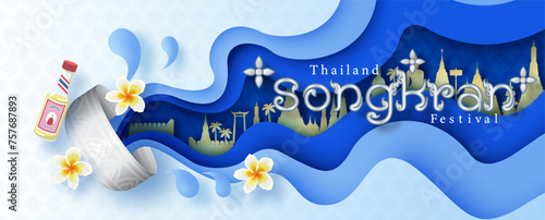 Poster design of Songkran festival in layers paper cut style and silver bowl with Thailand landscape and flowers on gradient blue background.