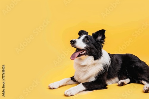 A border collie dog laying down with its tongue out 