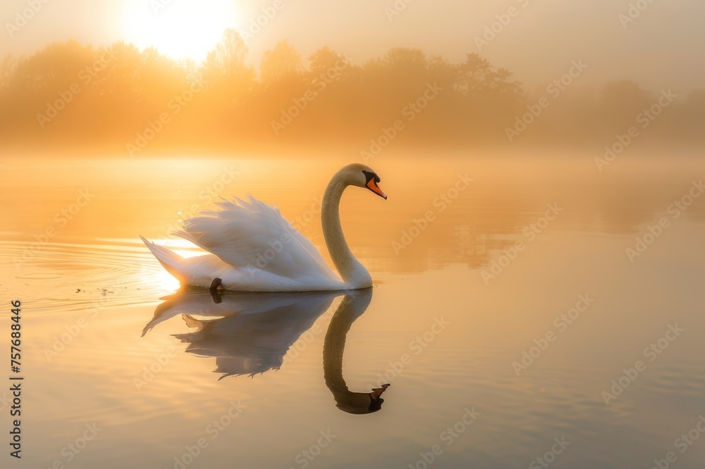 The majesty of a graceful swan gliding across a lake at sunrise. The majesty of a graceful swan gliding across a lake at sunrise.