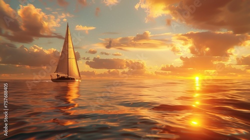 Golden Sea Journey, A stunning sailboat sails on a tranquil sea, bathed in the warm glow of the setting sun, with the sky painted in shades of orange and clouds reflecting the sun's final rays