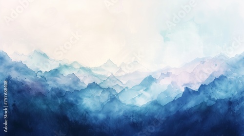 Misty Mountain Watercolor, An artistic depiction of a mountain range as seen through a watercolor lens, blending various shades of blue to create a serene and misty landscape