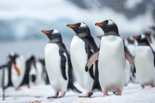 A group of penguins gather on the snowy Antarctic coast.