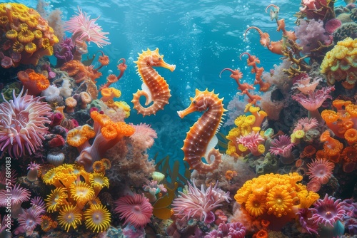 Lively images of seahorses show coral reefs bustling with marine life.