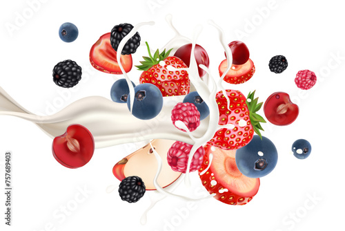 Mix berries smoothies fruit with milk splashing of Tropical fruits isolated on white background. Vector in 3D illustrations.