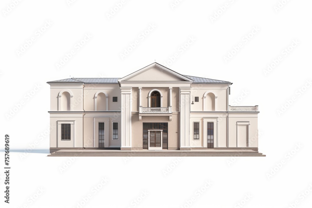 3D Render of a music conservatory building with rehearsal rooms and performance halls, on isolated white background, Generative AI