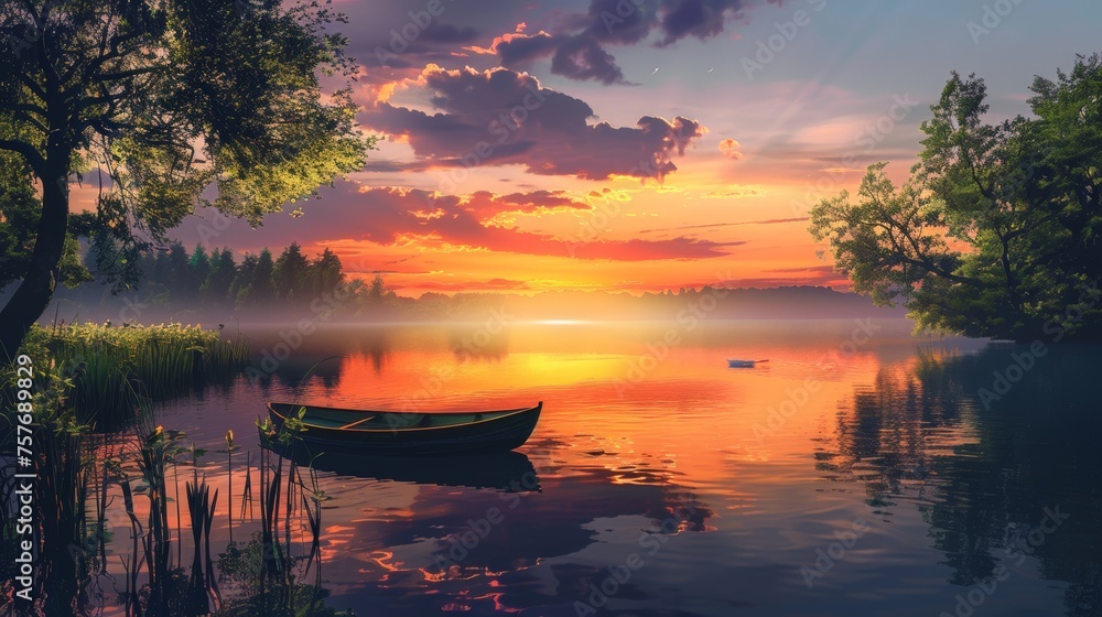 Idyllic Lake Sunset Scenery with Lone Boat.