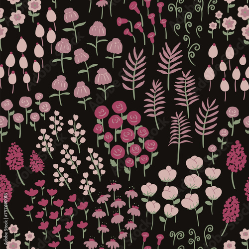 Hand draw night flower field in the forest art stye seamless pattern