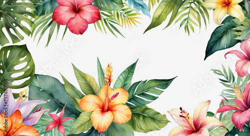 Tropical flowers and leaves with vibrant colors on a white background forming a frame with an empty center