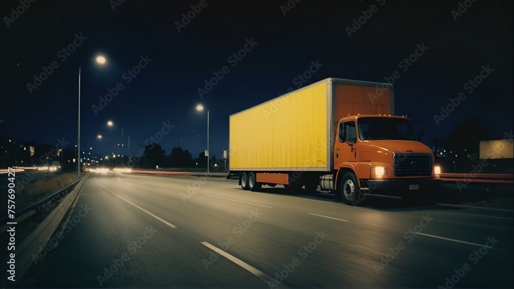 A semi-truck, painted in orange and white, drives down a highway at night