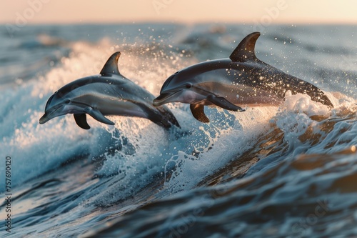 The spectacle of a pair of dolphins leaping joyfully from the ocean waves at dawn. © wpw