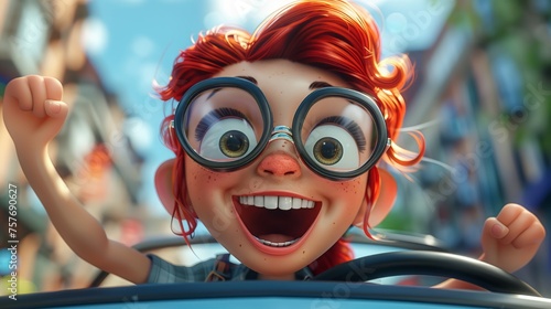 Excited animated girl with big glasses on a roller coaster, concept of fun and thrill at amusement park 