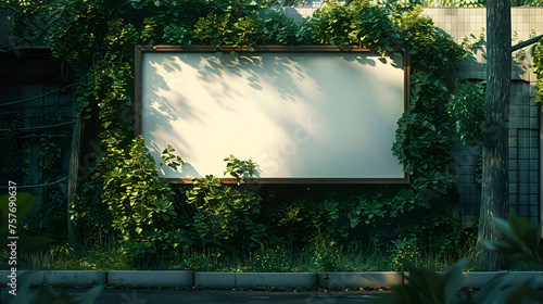 White billboard on spring summer green leaves, generative ai © Chaman