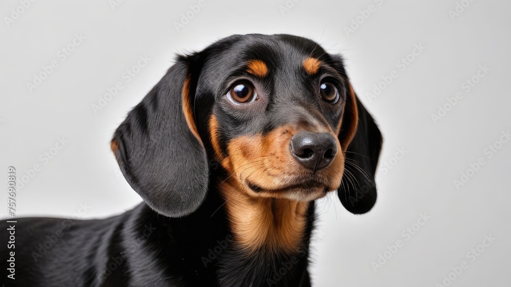 Black and tan smooth haired dachshund dog on grey background