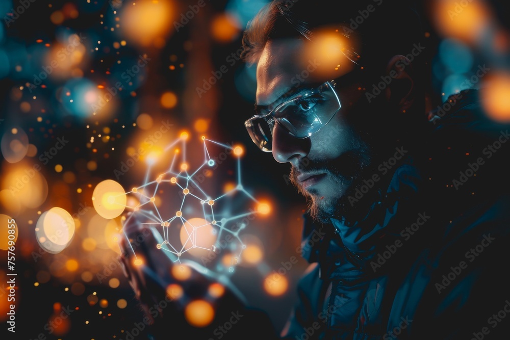A scientist in a lab uses their hand to interact with a virtual molecular structure. A scientist in a lab uses their hand to interact with a virtual molecular structure.