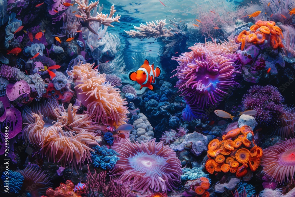An image of a lively cartoon fish. Coral reefs with a variety of marine life