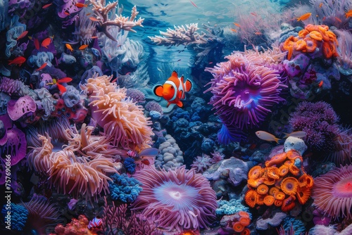 An image of a lively cartoon fish. Coral reefs with a variety of marine life © wpw