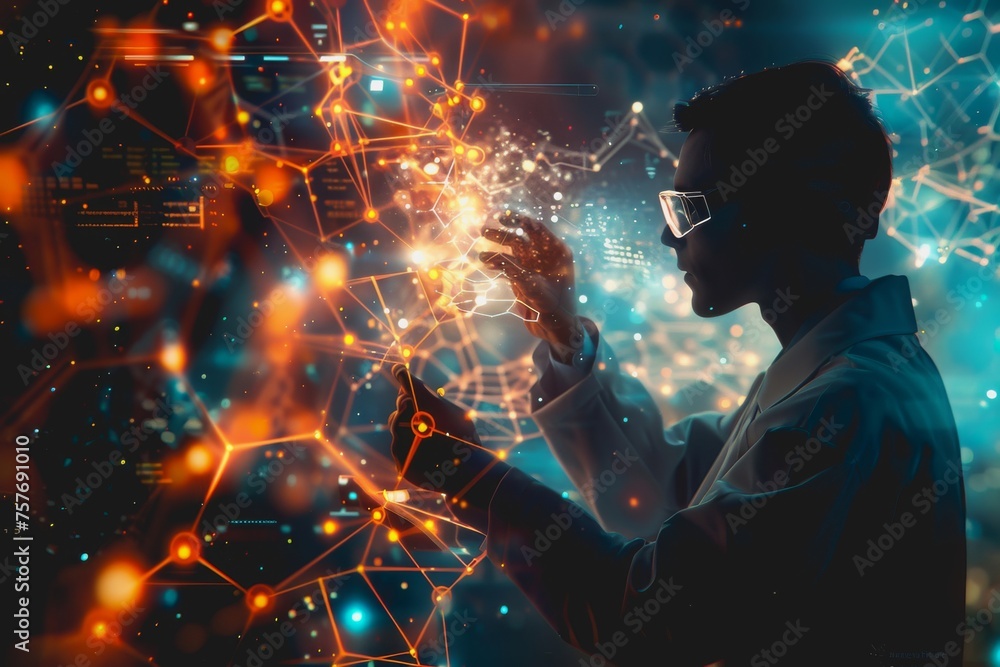 A scientist in a lab uses their hand to interact with a virtual molecular structure.