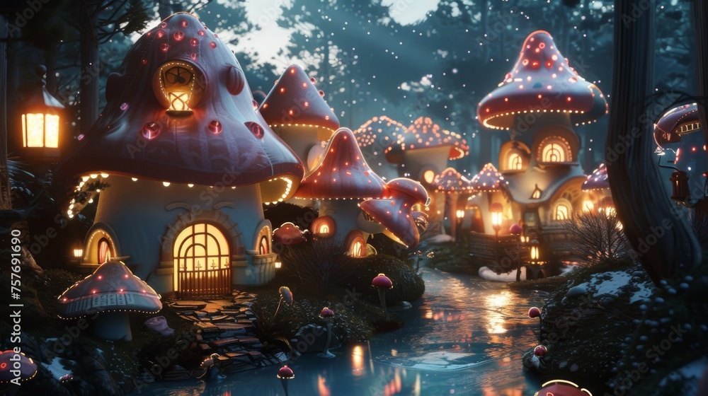 Fototapeta premium A vivid and unique 3D animation of 'Fever town', encapsulating its thriving and throbbing existence within an enchanting forest backdrop