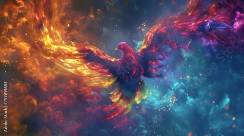 A mythical phoenix rising from the ashes with vivid colors, symbolizing a business revitalization, rendered in a realistic 3D style