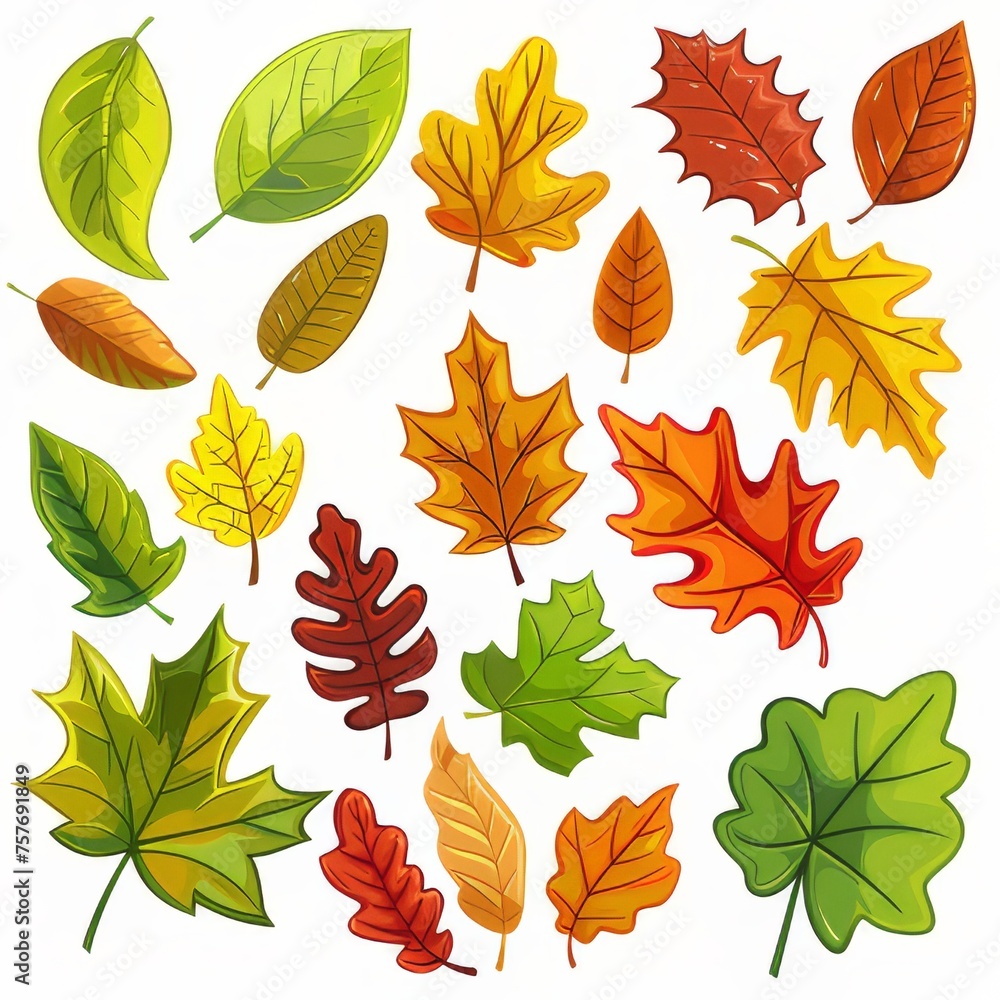 Obraz premium Clip art of various types of autumn leaves on a white background.
