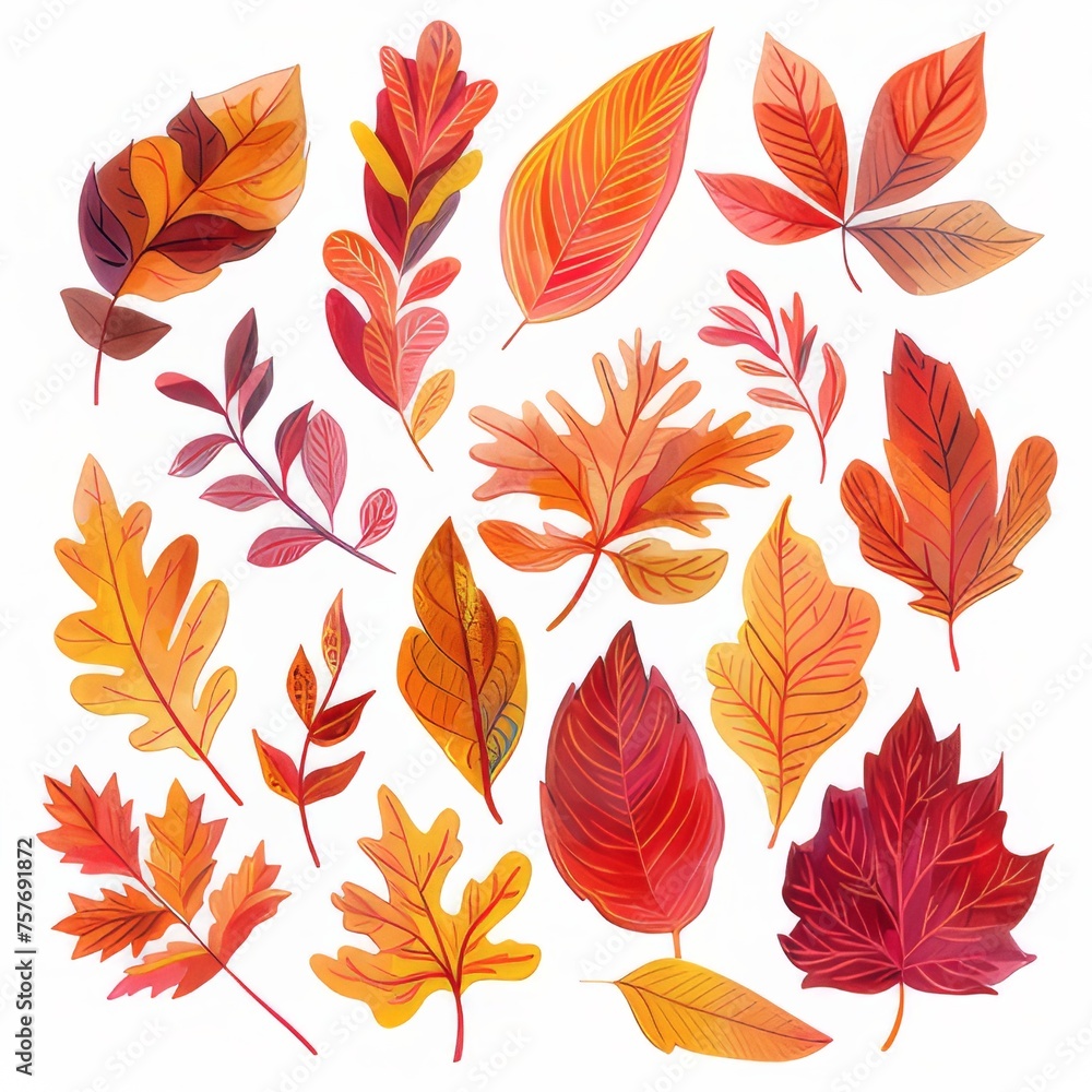 Clip art of various types of autumn leaves on a white background.