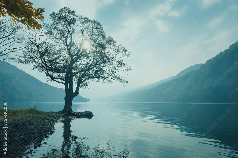 tree on the lake, Generative AI