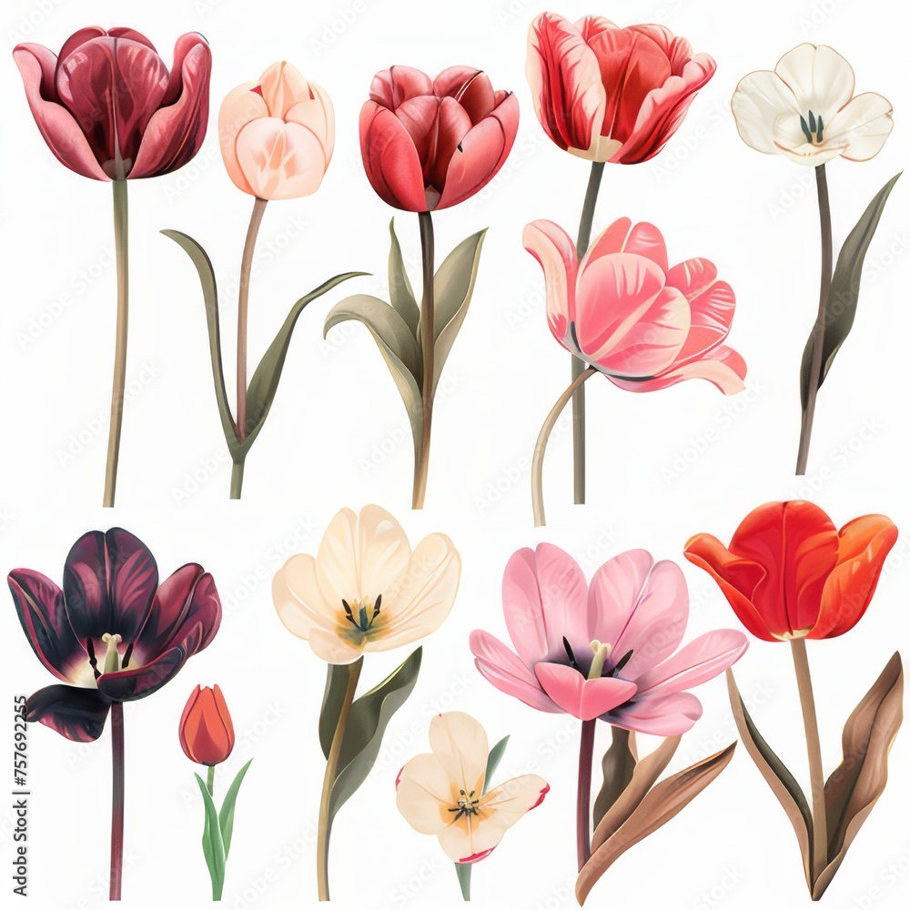 Clip art of various types of tulips on a white background.