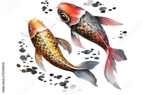 Fish Isolated Swimming Two black Illustration Koi Together Colorful Watercolor