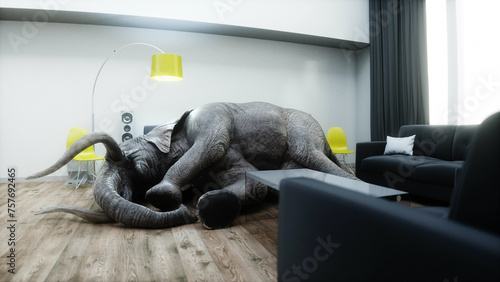 funny elephant sleeping in room. 3d rendering.
