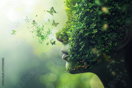 A womans face is fully covered by vibrant green leaves, creating a striking contrast between her skin and the natural foliage