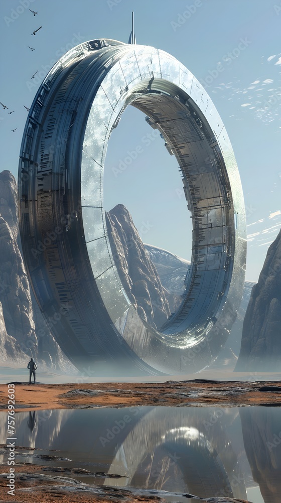 Futuristic Ring Structure in Alien Landscape: A Sci-Fi Device for Mirror Images Creation Futuristic Ring Structure in Alien Landscape: A Sci-Fi Device for Mirror Images Creation