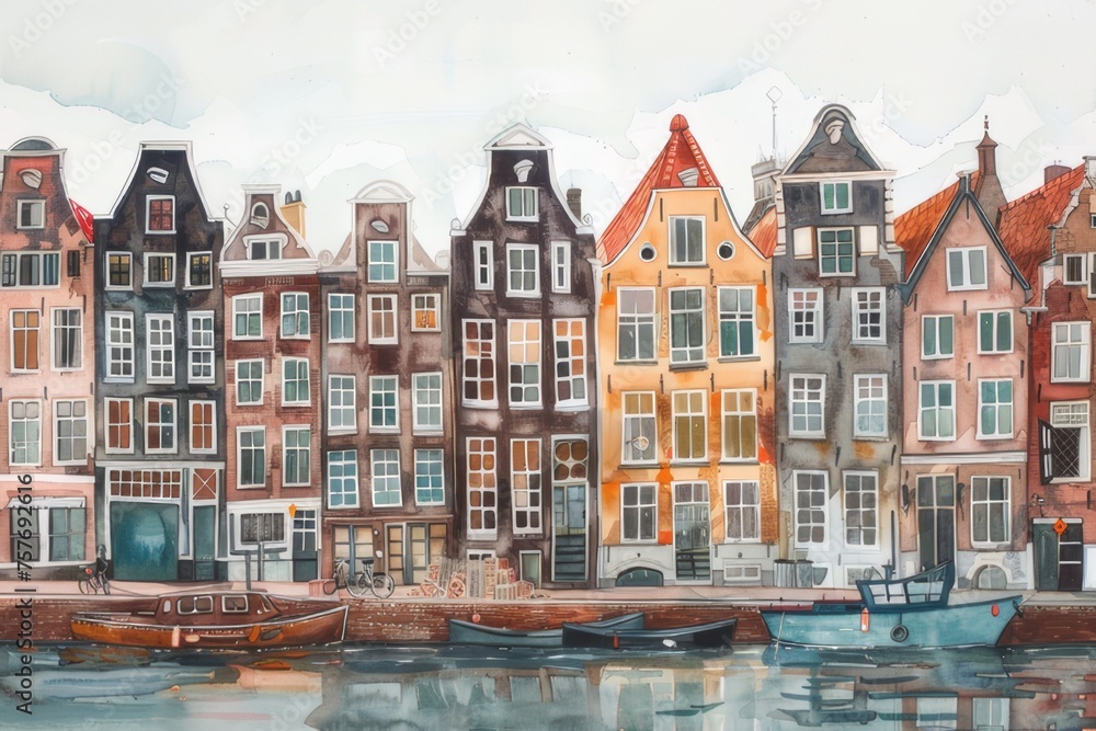 colorful watercolors of houses Tranquil seascape