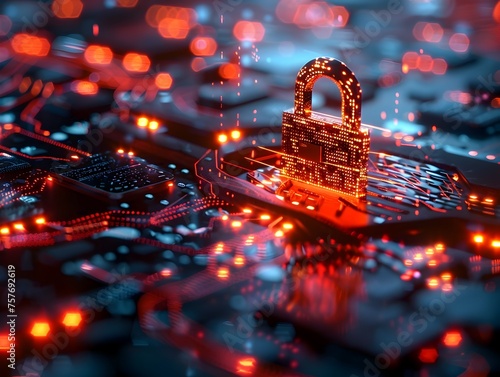 Cyber Security Padlock Icon Glowing on Digital Circuit Board
