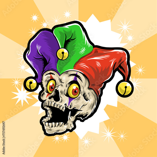 Vector cartoon illustration of a funny skull wearing a colorful clown hat