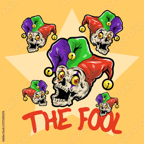 Vector cartoon illustration of a funny fool skull wearing a colorful clown hat