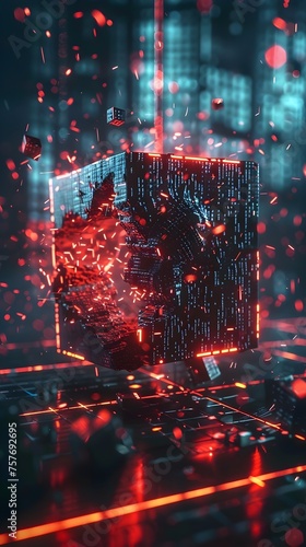 Malware Attack Illustrated: A Data Cube Cracking Open in a Cyberpunk Setting