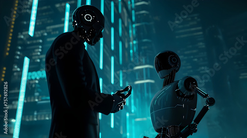 Futuristic Business Negotiations: Man in Black Suit and White Robot in a High-tech Cityscape