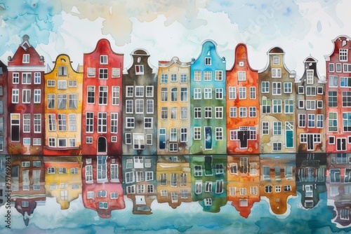 colorful watercolors of houses Tranquil seascape