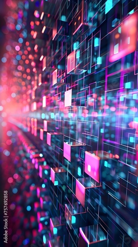 Data Flow Visualization  Abstract 3D Rendered Digital Cubes in Vibrant Neon Shades and Minimal Design for Modern Theme