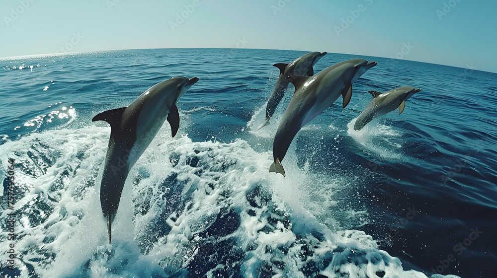 Obraz premium Dolphins Jumping Out of Water Aspect 16:9 Ultra Realistic 