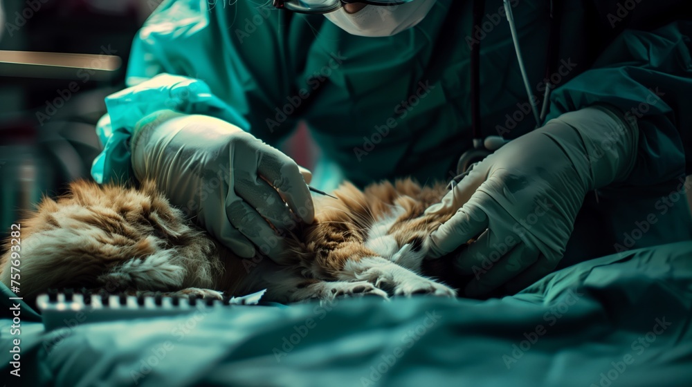 Veterinarian performing surgery on a cat, pet healthcare, emergency medical procedure in clinic

