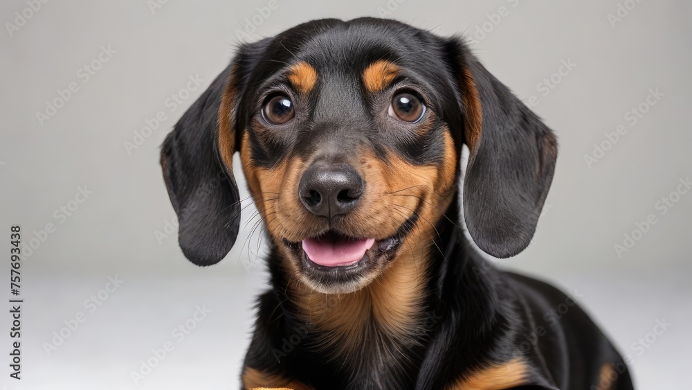 Portrait of Black and tan smooth haired dachshund dog on grey background