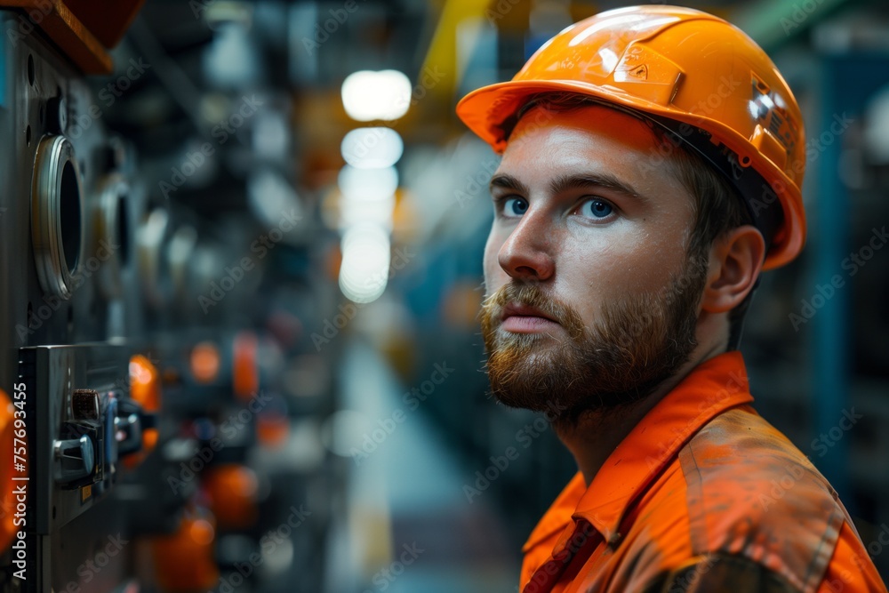 Focused engineer in orange safety helmet inspecting machinery in industrial environment, representing dedication and precision in technical maintenance
Focused engineer in orange safety helmet inspecting machinery in industrial environment, representing dedication and precision in technical maintenance