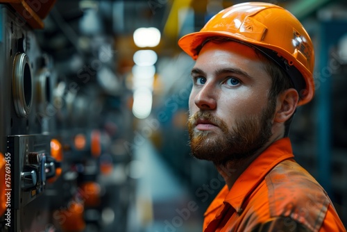 Focused engineer in orange safety helmet inspecting machinery in industrial environment, representing dedication and precision in technical maintenance 